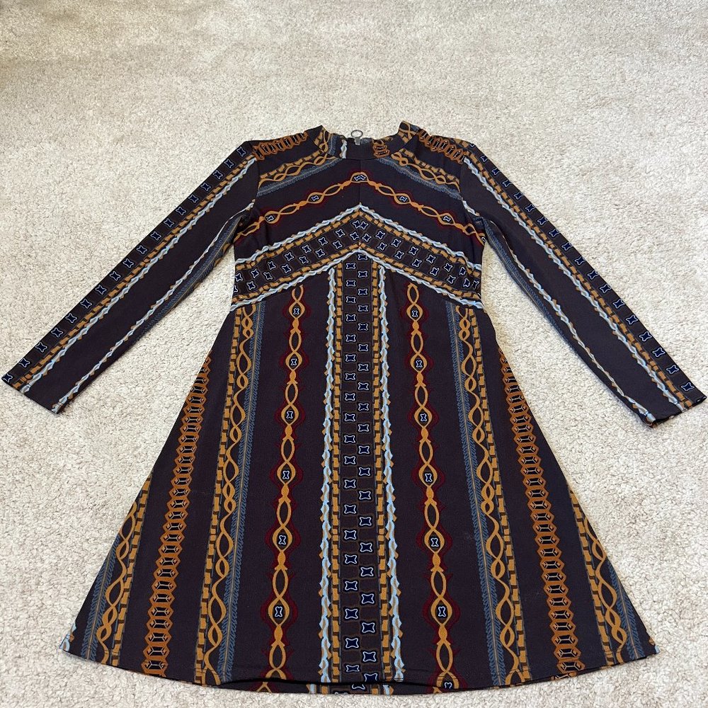 Free People Stella Dress Size XS Long Sleeve Knit Boho Brown Gold Printed